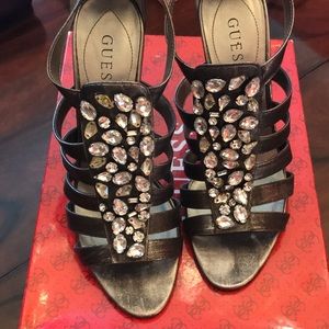 Gunmetal/pewter and rhinestone stilettos